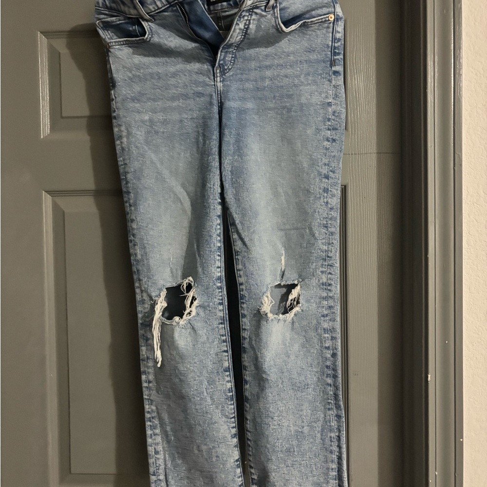 Express Light Blue Distressed Straight Leg Jeans
